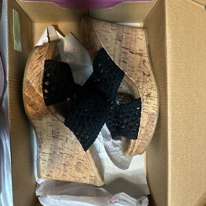 Jellypop Black Woven Bow Cork Wedge Sandals